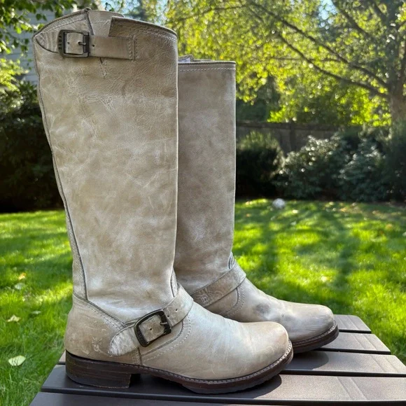 Frye Veronica Slouch Leather Tall Knee High Riding Motorcycle Boots Tan Size 9.5 - Picture 2 of 13